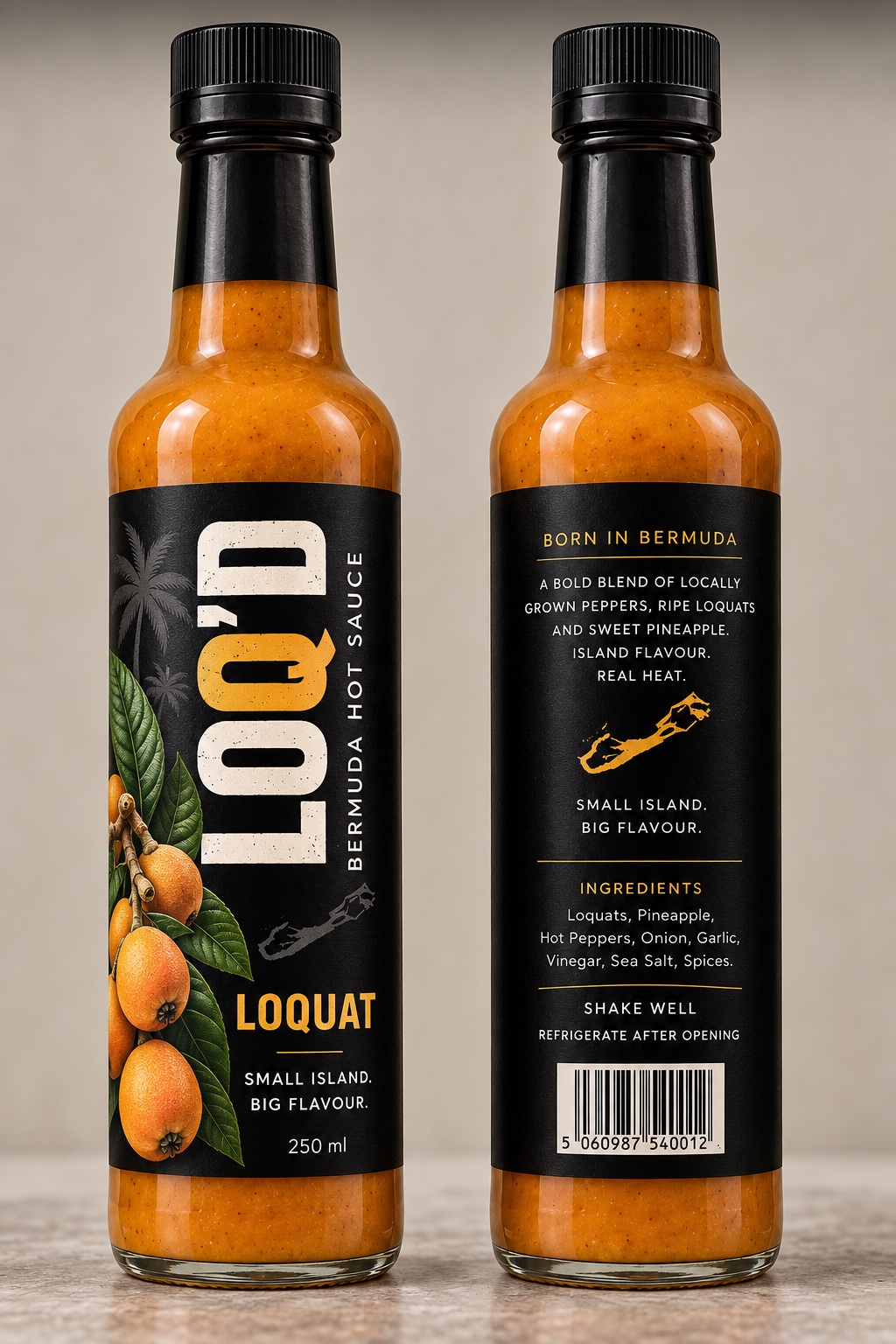 LOQ’D Original loquat hot sauce bottle concept, with a black label and golden Q